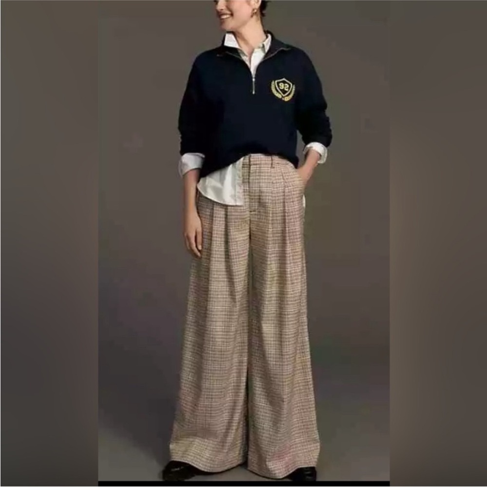 Maeve for Anthropologie pink, black and cream Plaid Wide-Leg Pants